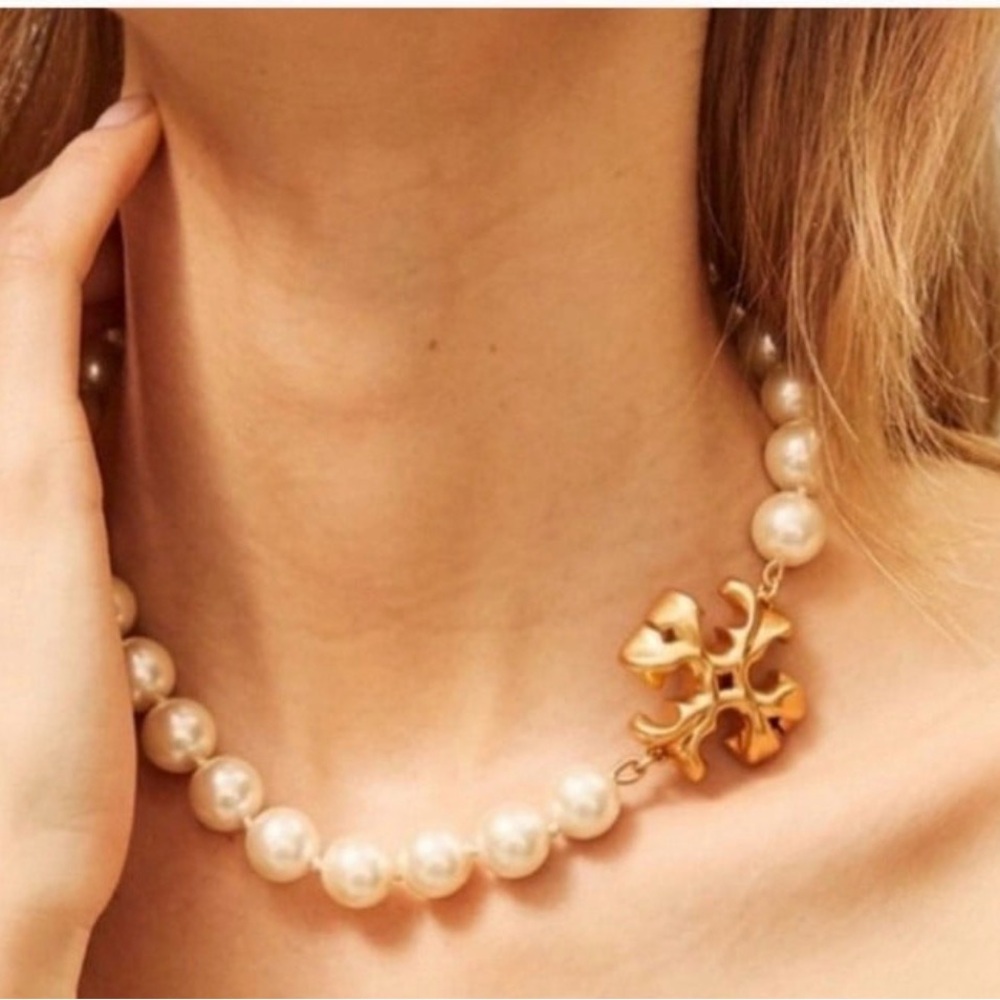 Tory Burch Roxanne Faux Pearl Necklace with Gold Logo Pendant NWT
